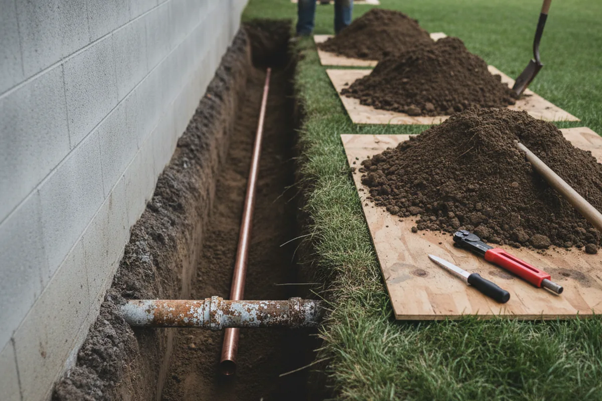 Excavated water line trench during Water Heater Repair in Sharon